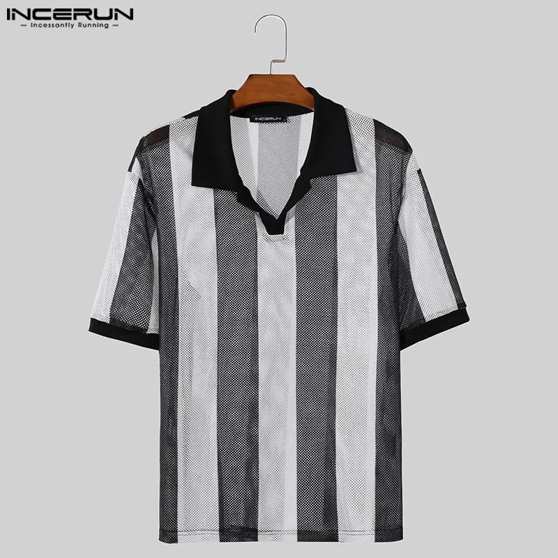 INCERUN Men Shirt Striped Lapel Short Sleeve Hollow Out See Through Casual Men Clothing Summer Streetwear 2024 Fashion Shirts