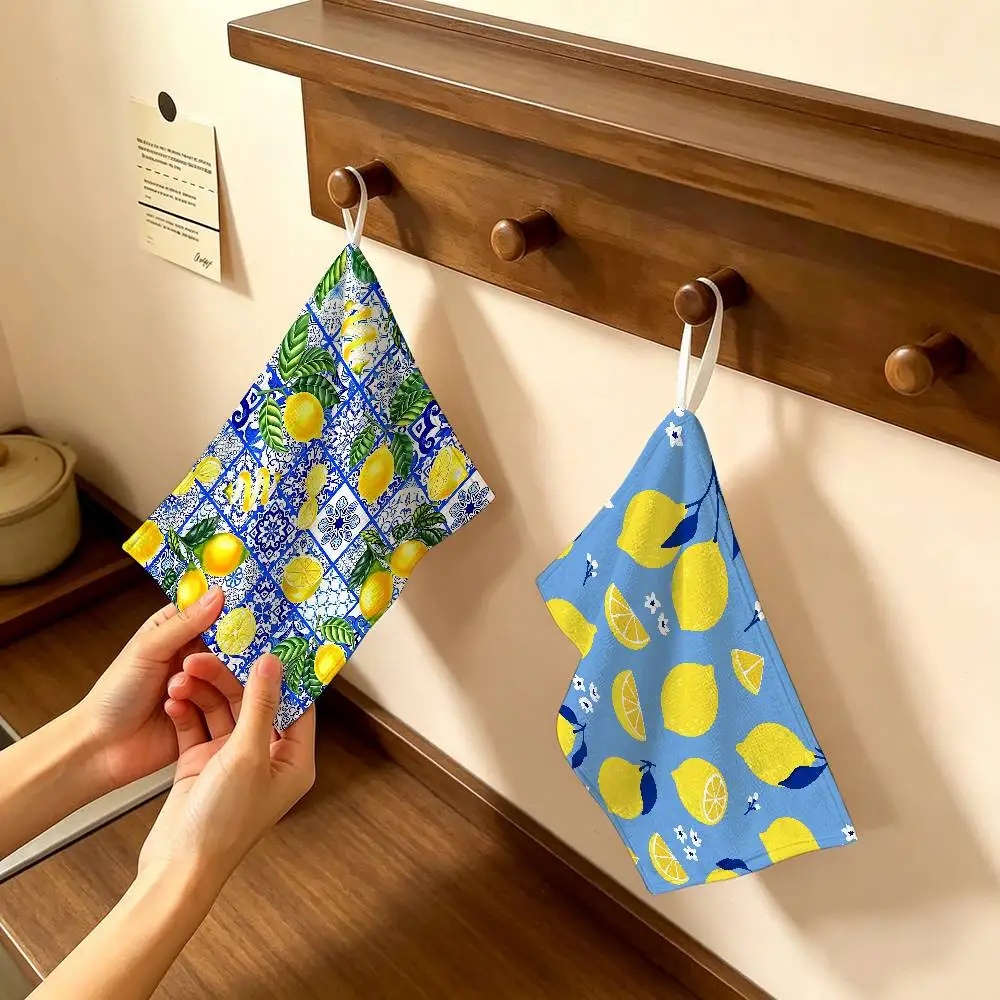 Morocco Lemon Fruit Pattern Art Multi-scene Polyester Cotton Towel, Hanging Hand Wiping Cloth for Kitchen Bathroom Hotel