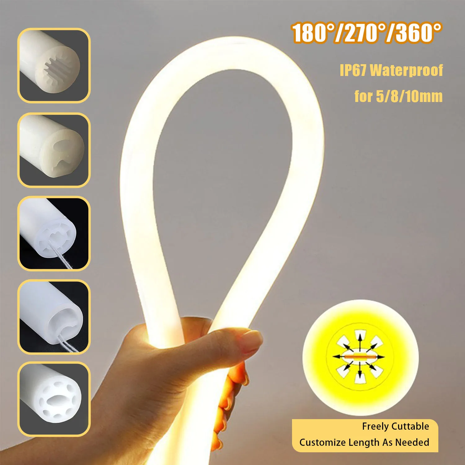 180°/270°/360° Round Silicone Neon Tube, IP67 Waterproof for 5/8/10mm WS2811 WS2812B LED Strips