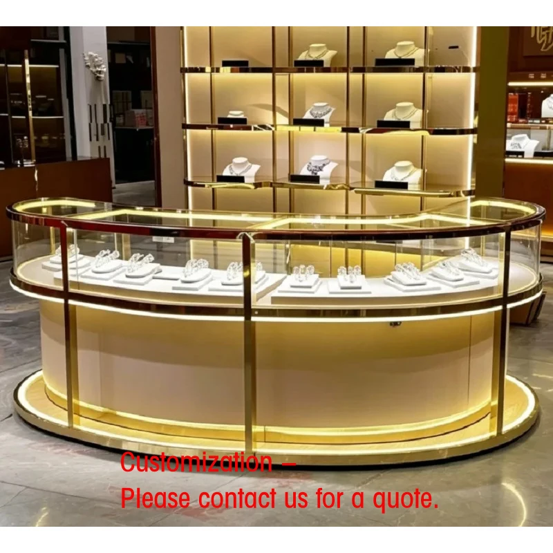 custom.Luxury Champagne Gold Curved Jewelry Display Counter, Modern Irregular Showcase with LED Lighting & Glass Top