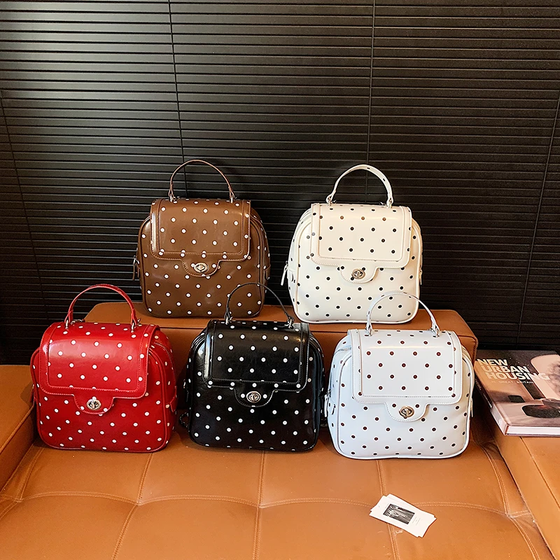 Fashion Sweet Style Polka Dot Design Women PU Leather Small Backpack Cute Chain Strap Girls Crossbody Shoulder Bag Handbag Purse