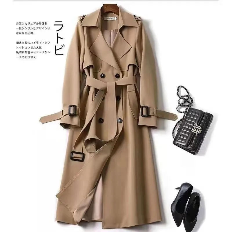 Damen-Trenchcoat mit Doppelreiher, lang, mit Gürtel, Reverskragen, Herbst-Winter, winddicht, klassische Oberbekleidung – Detail 6