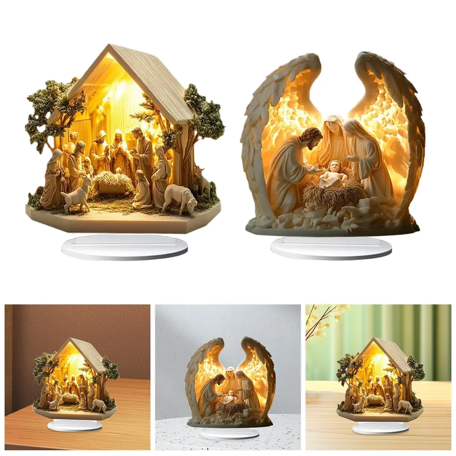 Estatuilla de presépio de Navidad, estatua navideña, escritorio, adorno de mesa acrílico, escenas de presépio para centro de mesa de Navidad
