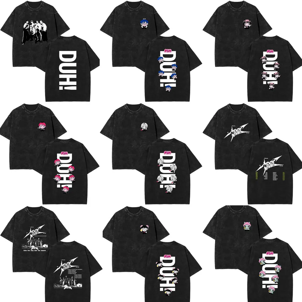 

Korean Kpop P1Harmony 2025 DUH Cartoon Series Vintage Washed T-shirt Cat Funny Meme Tshirt Men Women Fashion Oversized T Shirts