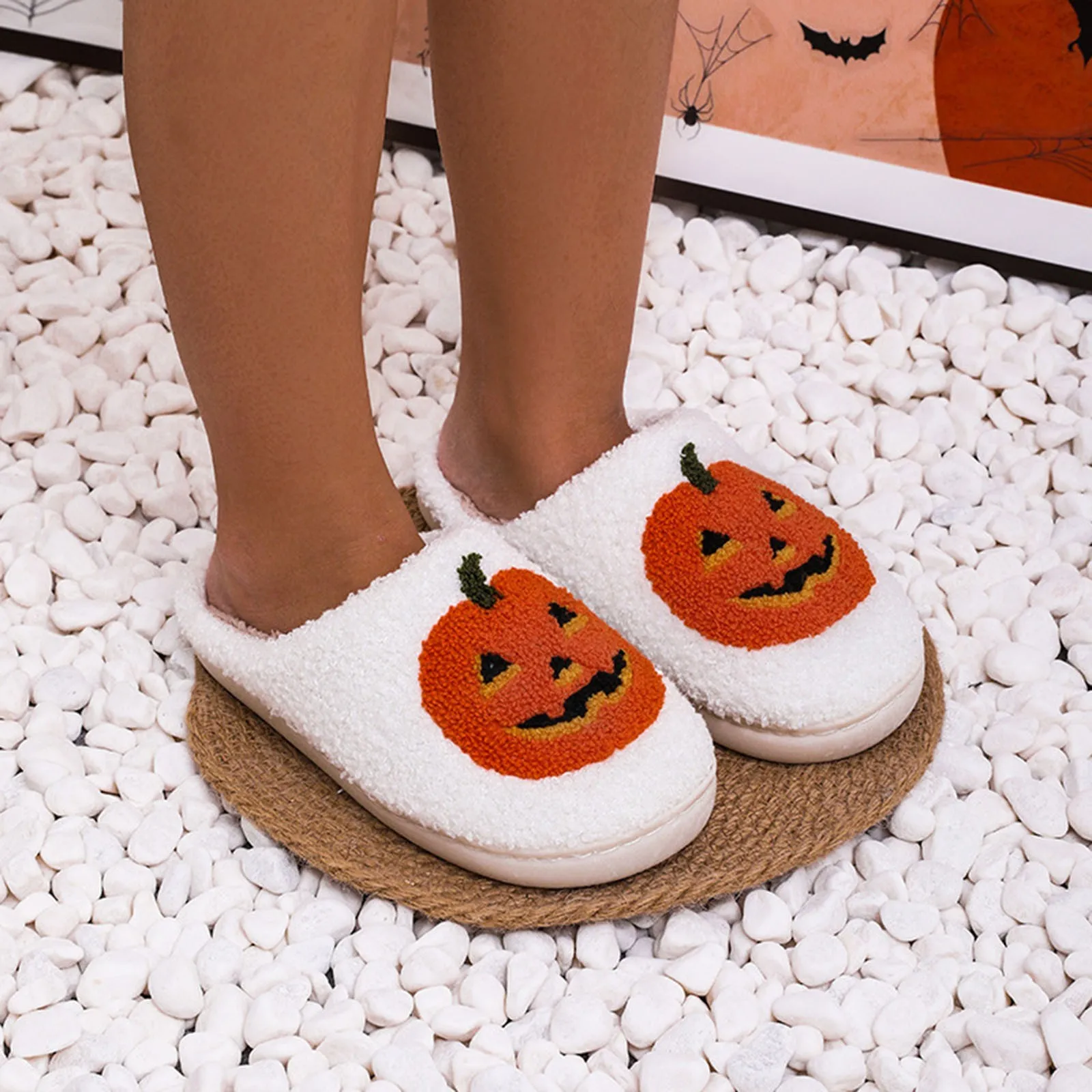 Halloween Pumpkin Slipper Ghost Funny Face Flat Indoor House Shoes Soft Plush Cozy for Women Men Couple Casual Halloween Gifts