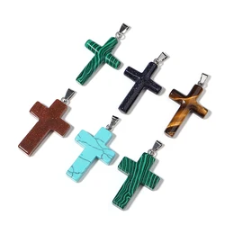 1Pcs/Pack Natural Stone Cross Pendant Tiger Eye/Malachite/Opal Necklace Pendant Charms For Necklace Jewelry Making Fittings