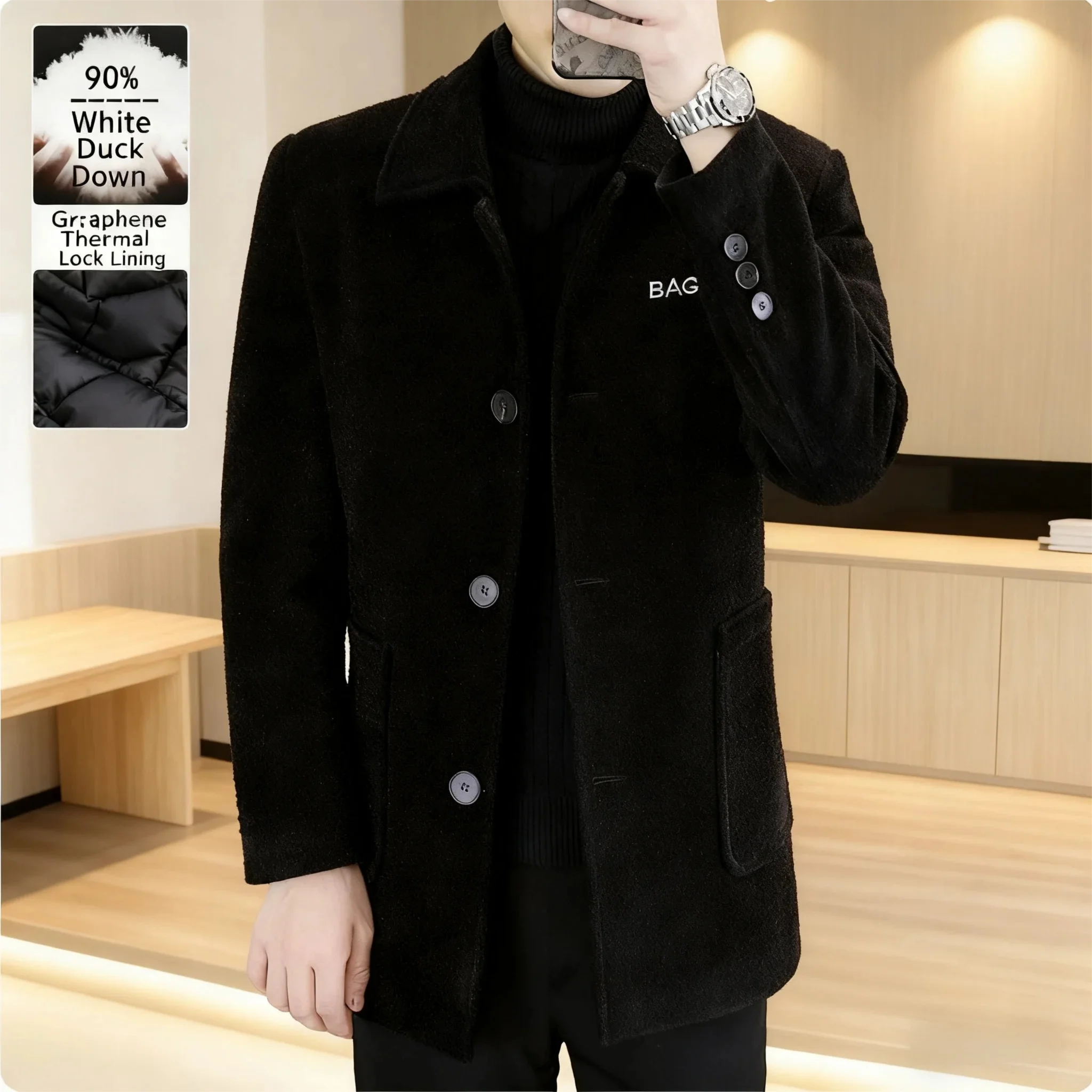 Pardessus en laine mélangée pour hommes - Couche intérieure en duvet de canard blanc (Parka d'hiver avec motif Trench Heritage)