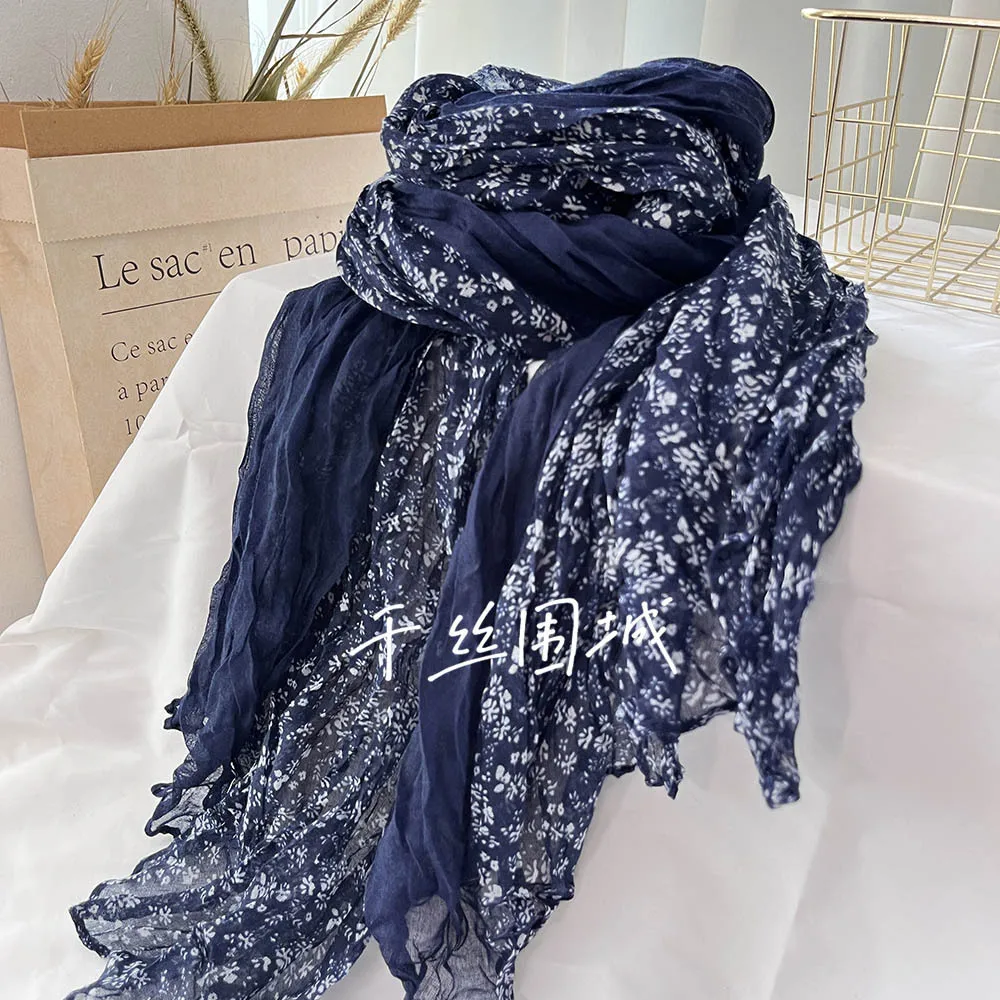 

Japan and Korea Popular Small Floral Scarf New Retro Literary Pleated Thin Versatile Shawl Spring and Autumn Popular