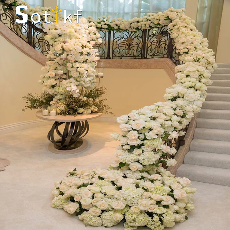 300/200cm Luxury White Rose Artificial Flower Row Wedding Table Centerpiece Flowers Backdrop Wall Arches Decor Party Stage Flora