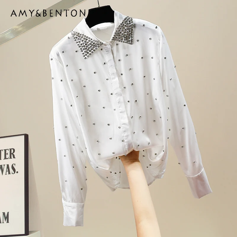 

European Station Spring Graceful Fashionable Heavy Industry Lapel Beaded Slim Blouse Women Commute Style Versatile Slim Shirts