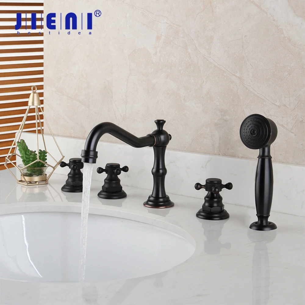 

JIENI ORB Black 5 Pcs Bathtub Faucet Set Deck Mount 3 Handles Hand Sprayer Solid Brass Bathroom Bathtub Mixer Faucet Shower Set