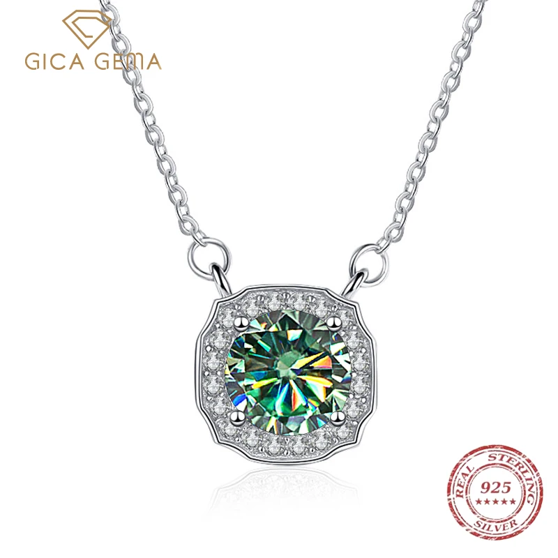 

Gica Gema Real 1Ct Moissanite Multicolor Pendant Necklace For Women 100% 925 Sterling Silver Classic Round Diamond Fine Jewelry