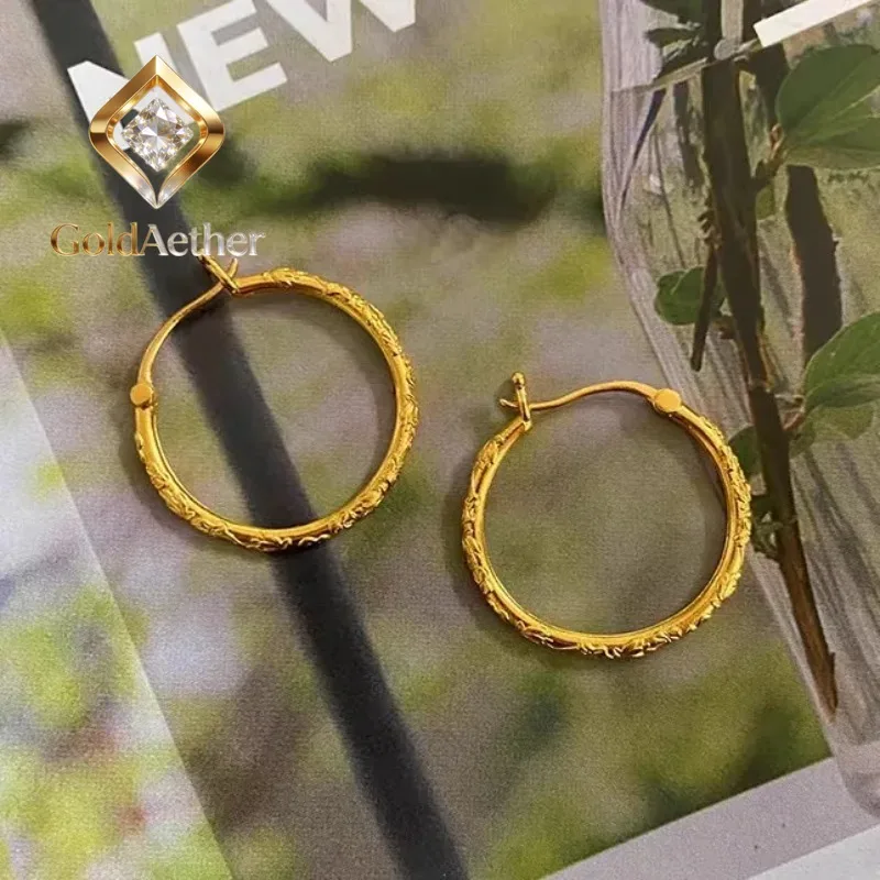 GoldAether Luxury 24K 9999 Pure Gold real gold Peach Blossom Earrings Fashion Commuting Embossed Earrings for Women