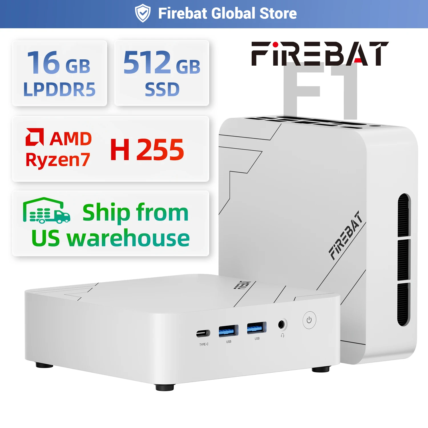 

Firebat F1 Mini Pc Amd Ryzen 7 H255 Lpddr5 16Gb Ram M.2 Pcie 512Gb Ssd Wifi6 Bt5.2 2500m Lan Windows11 Desktop Gaming Computer