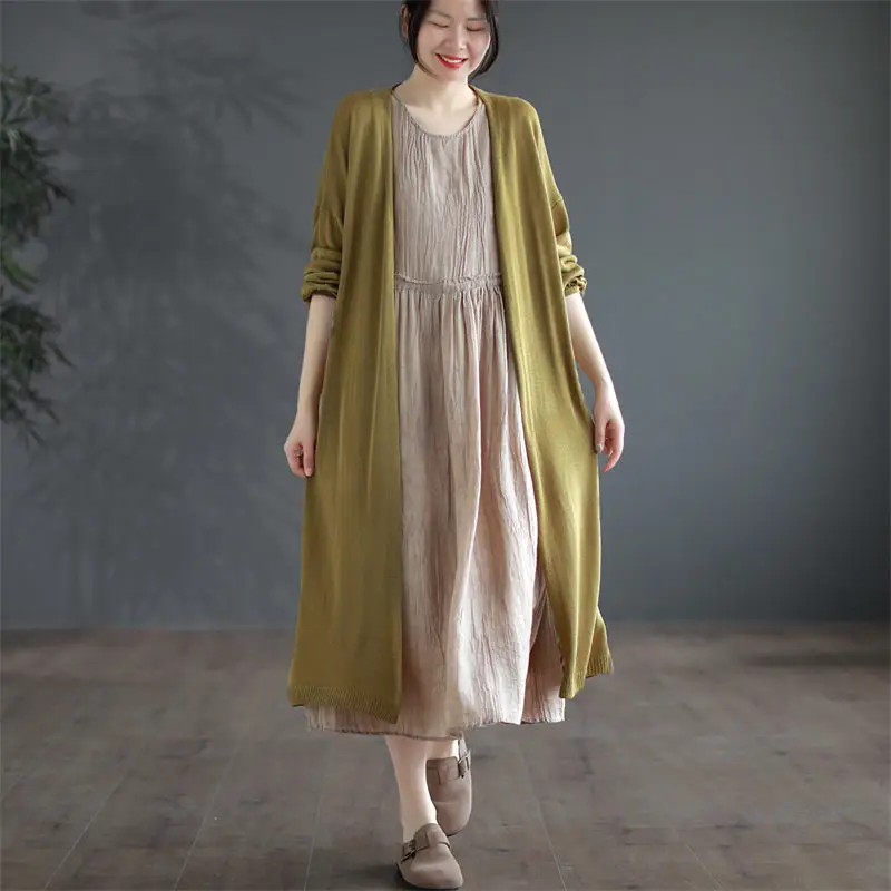 Literary Casual Solid Knitted Women's Long Coat Versatile Outerwear Thin Dropping Feeling Slim And Breathable Cardigan Top z1342