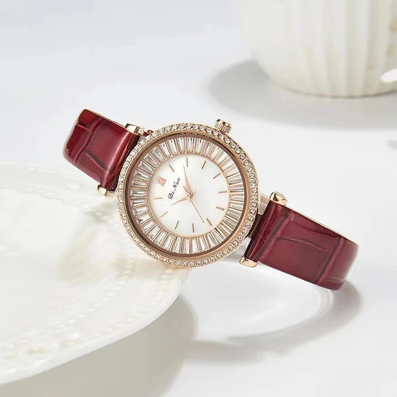 

Stylish and casual high quality ladies Rose Gold dial leather strap Full diamond women Quartz watch simple vintage clock luxury