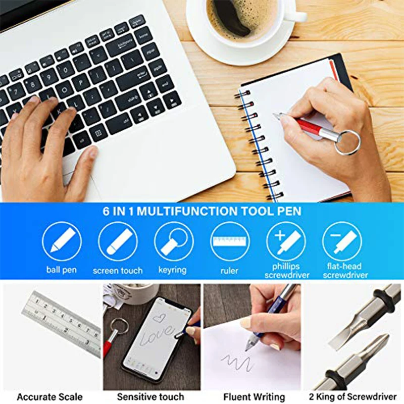 10Pcs 6-in-1 Multifunctional Keychain Tool Pen, Portable Mini Metal Ballpoint Pen with Ruler, Screwdriver & Touch Screen Stylus