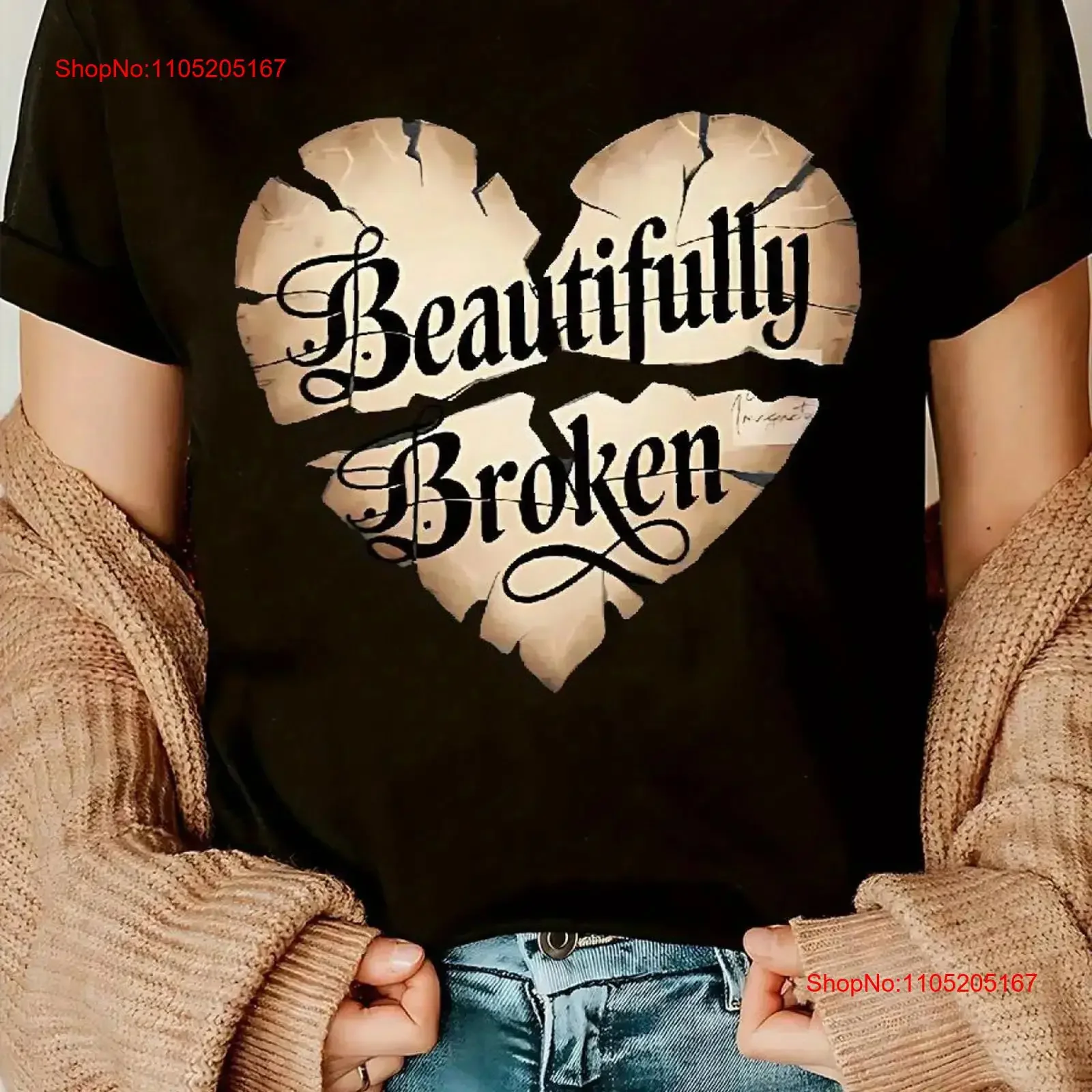 تي شيرت نسائي مطبوع عليه قلب مكسور بشكل جميل برقبة دائرية، عتيق مغسول وجيد التهوية، جرافيك ناعم كاجوال ممتد