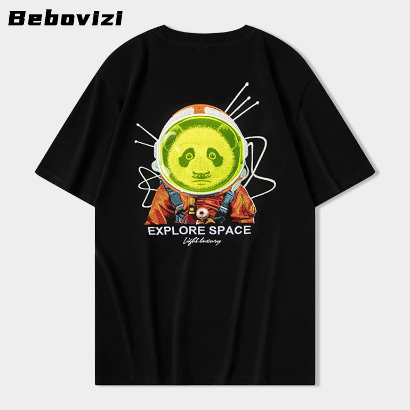 Fashion Casual Cotton Tops Tees Embroidery Panda Astronaut TShirt Summer Men Short Sleeved T-shirt Hip Hop Streetwear