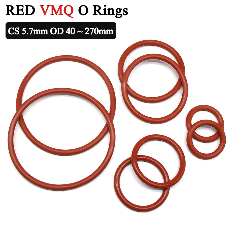 5Pcs Red VMQ O Ring Gasket Thickness CS 5.7mm OD 40 ~ 270mm Food Grade Sealing Temperature Resistant Silicone Gasket Rubber Ring