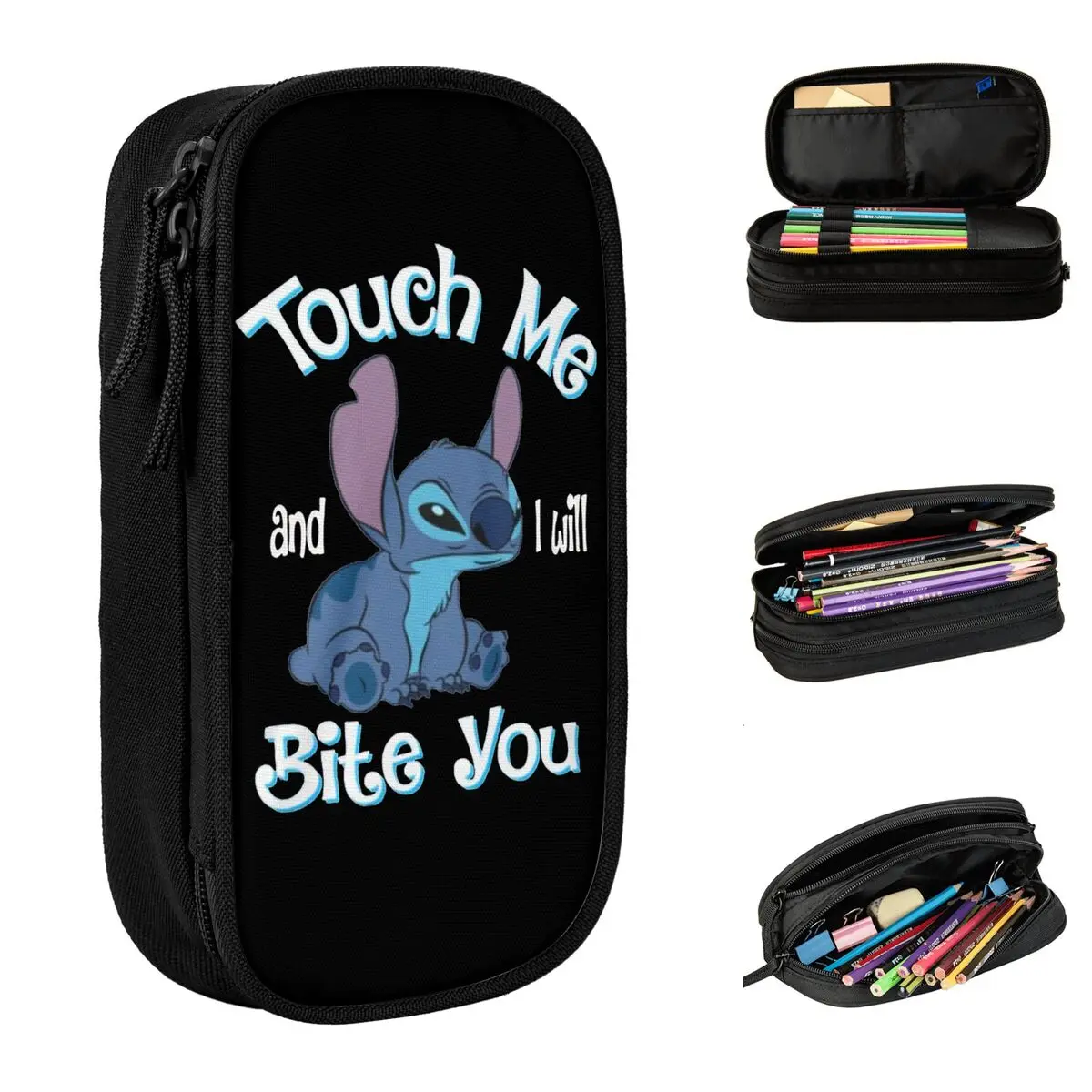 Stitch Touch Me And I Will Bite You Pen Box for Kid Kawaii Stitch And Lilo Double Layer Pencil Box Make Up Bag