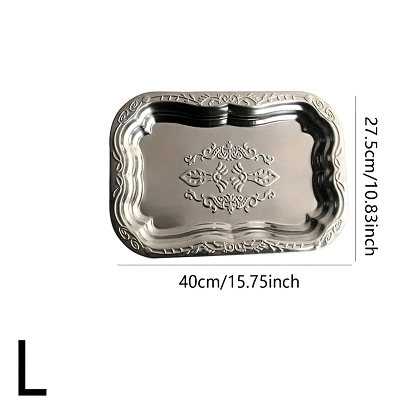 Stainless Steel Rectangular Tray With Embossed Design For Kitchen Living Room Storage Durable Fruit Snack Cake Serving Dish