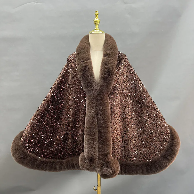 Sequins Faux Rabbit Fur Cape Coat Winter Thicken Lining Warm Party Dress Cloak Shawl Women Wraps Fashion Shiny Paillette