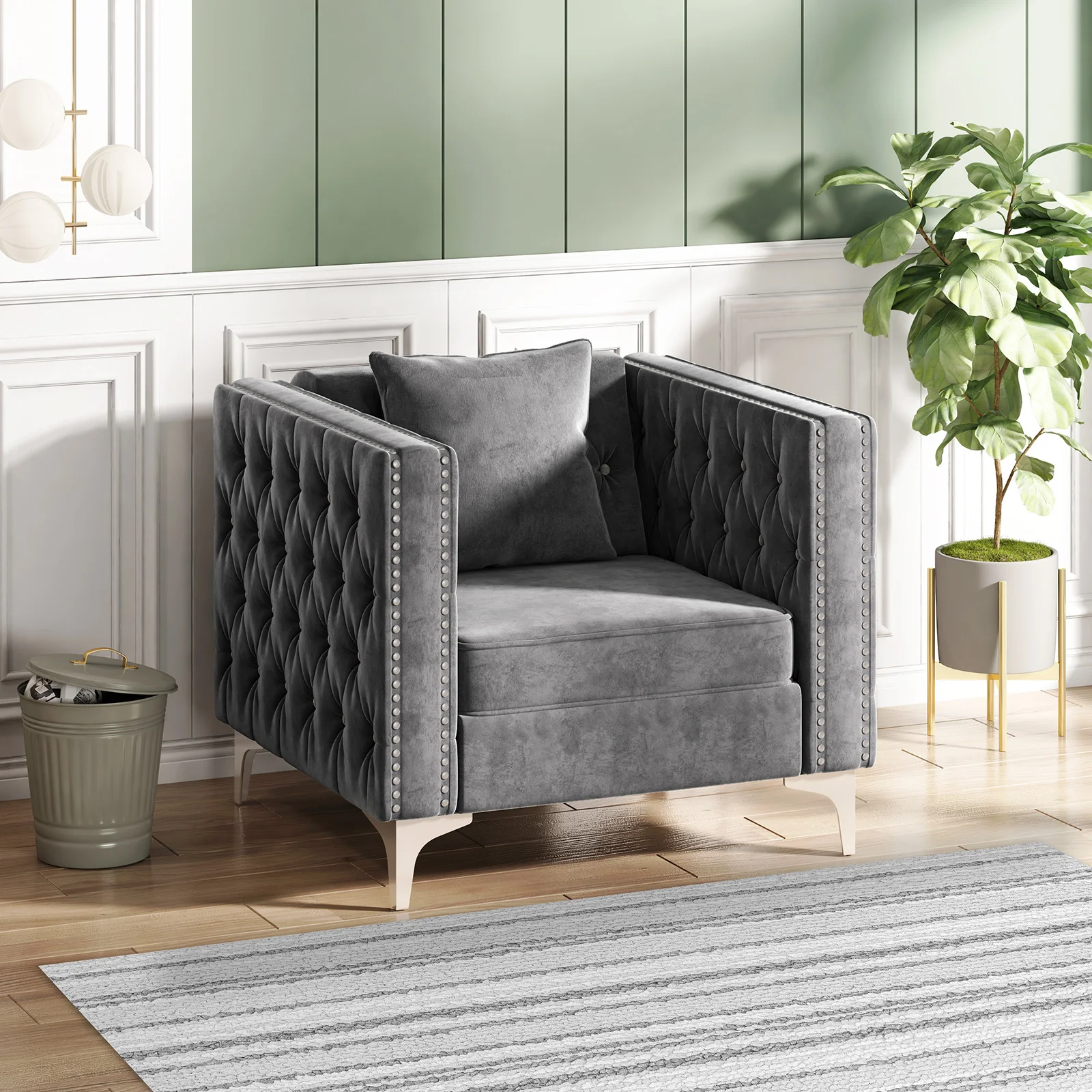 HORGAEO Modern Velvet Armchair, Upholstered Accent Chair with Throw Cushion & Sponge Cushion, Button Tufted & Nailhead Trim