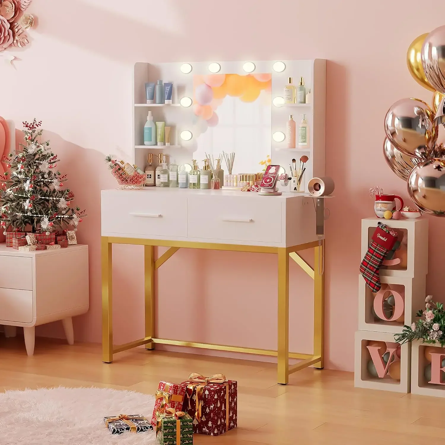 Furmax Vanity Desk with Mirror and LED Light Bulb, Small Makeup Vanity Table with Drawers, Dressing Table with Power Outlet and