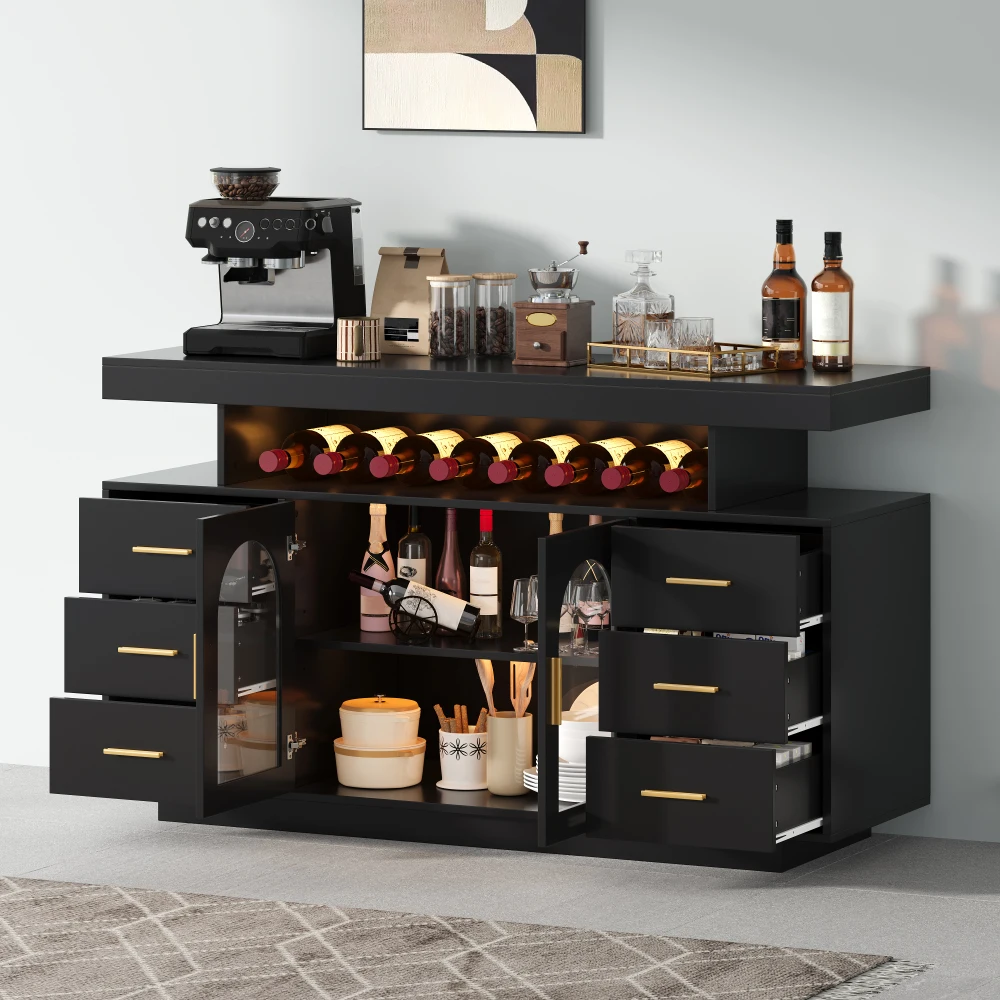 Mobile bar per vino e caffè con 6 cassetti, 2 ante in vetro e ripiano aperto, mobile moderno per liquori, dimensioni 140x40x82 cm, unità espositiva autoportante per cucina, soggiorno, sala da pranzo,