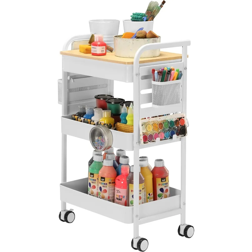 3-Tier Rolling Utility Cart with Wheels, 2 Baskets & 6 Hooks - Metal Storage for Home, Office, Crafting & Kids’ Art Supplies