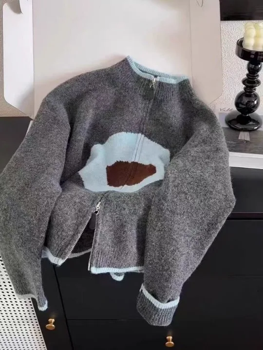 

Ey Sweet Color Blo Цветочная молния Вязаный открытый кардиган Свитер Женский весенне-осенний повседневный топ Свободный крой стандартной посадки S...