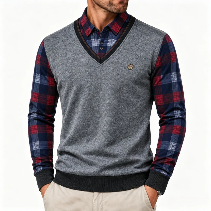 Men's Plaid Polo Shirts Spring Autumn Blouse Shirt Fake Two Pieces Pullovers Man Clothing Shirt Collar Sweater Business T-shirts