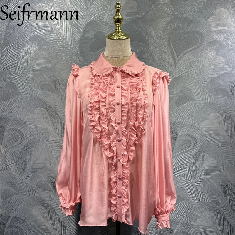 Seifrmann 2026 Summer Women's clothing New Fashionable lapel Long Sleeve Silk  lace Solid Color Shirt