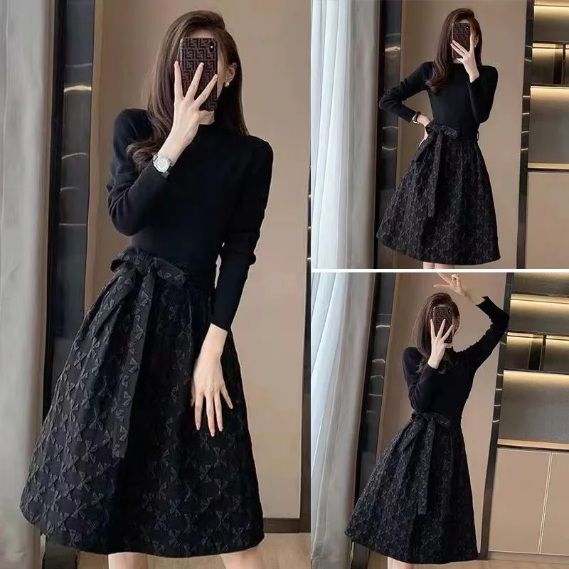 Solid Patchwork High Waist Long Sleeve Dresses Elegant Fashion Harajuku Slim Fit Female Clothes Loose Casual All Match Skirt