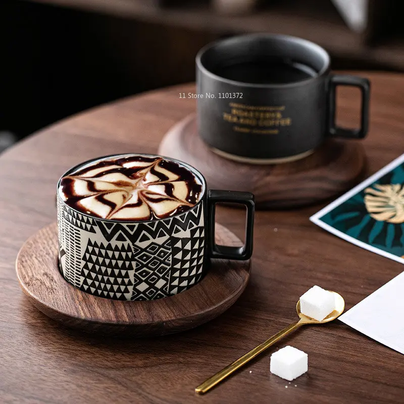 American Style Coffee Pull Cup Spoon Set Luxury Letter Ceramic Tea Cup Delicate Office Mug Solid Wood Coaster Home Gifts