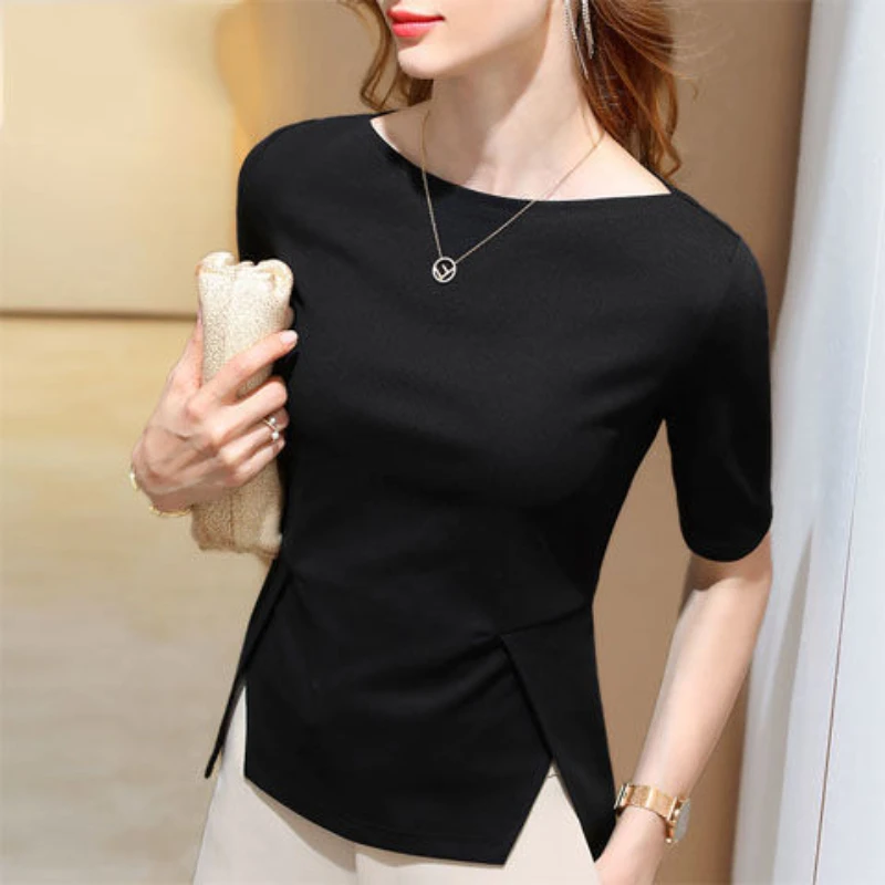 Summer Slim Fit 5/4 Sleeve New Irregular Hem Split Shaw General Unique Off Shoulder Top T-shirt Fashion Leisure Commuting 2023