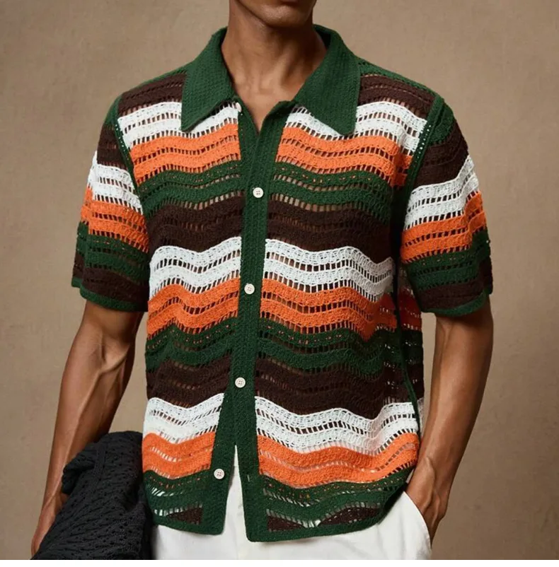 American Style Men's Retro Crochet Lace Up Polo Shirt for Summer New Striped Loose Fit Shirts Knitted Breathable Luxury Top