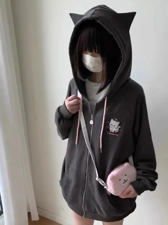 Leuke oor lange Sve rits hoodie Jaet dames lente herfst losse top Koreaanse Sle bedrukt casual comfortabel sweatshirt