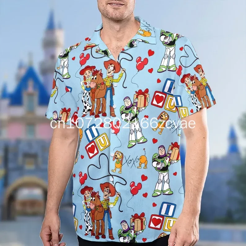 Disney Toy Story masculina e feminina, camisas havaianas de manga curta, moda casual para férias na praia, verão