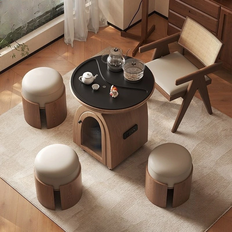 Small apartment movable tea table kettle integrated antique style designer solid wood balcony living room rock slab simple wind