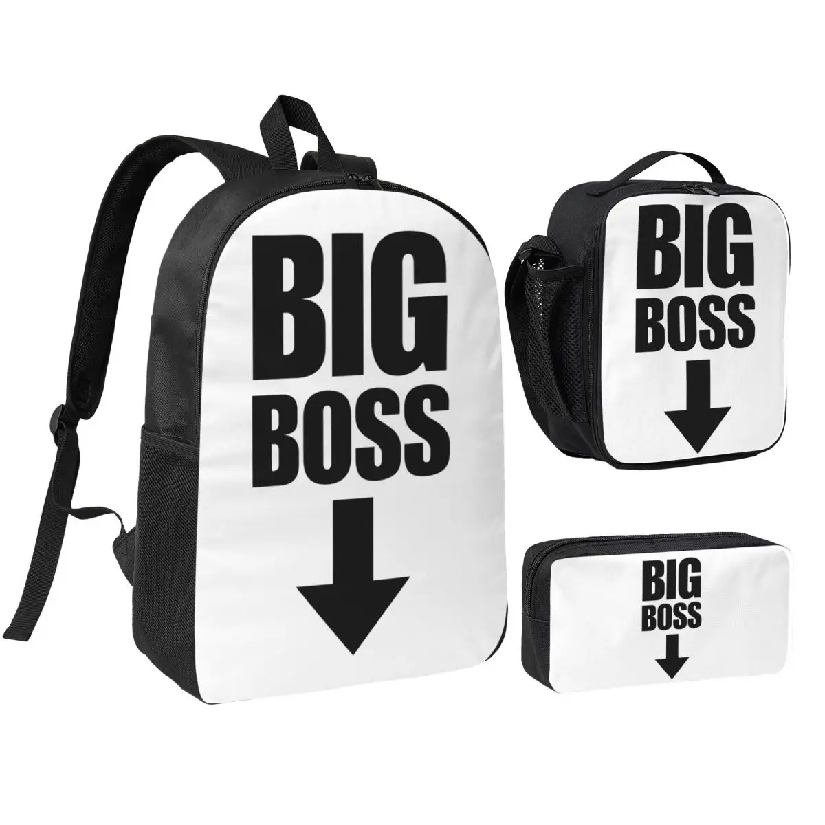 Big Boss With Arrow Pointing Down Backpack Student BookBag School Bag Shoulder Bags 3ps Insulated Lunch Bag Pencil Case