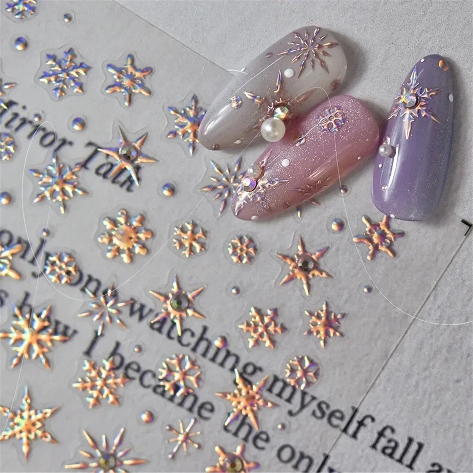 5D Laser Winter Schneeflocke Weihnachten Glänzende Strass Geprägte Relief Selbstklebende Nail art Dekoration Aufkleber Maniküre Aufkleber – Detail 5