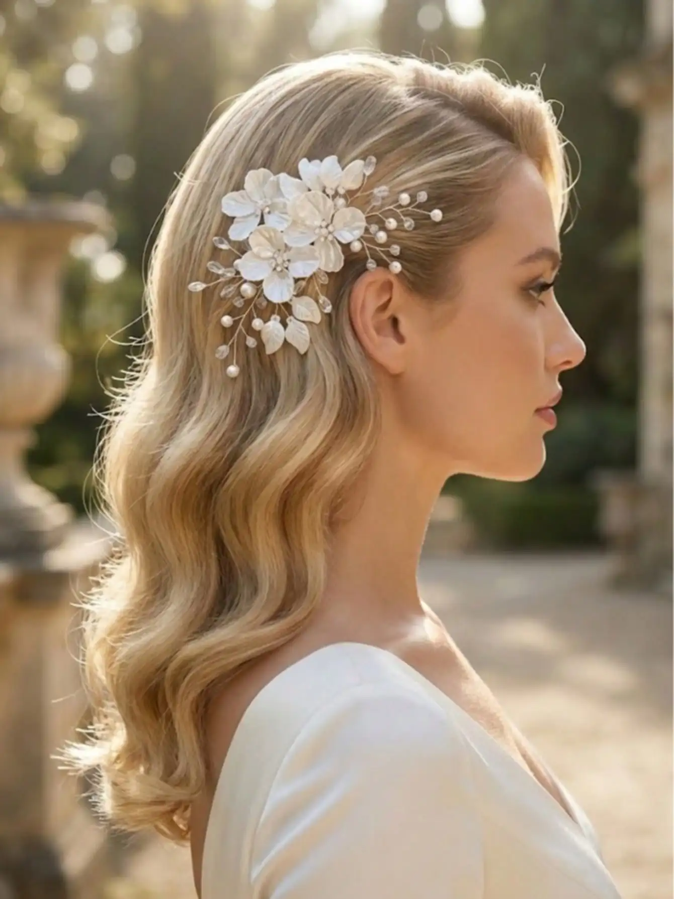 

Elegant Acrylic Flower Hair Clip with Rhinestones and Pearls for Bridal or Formal Wear