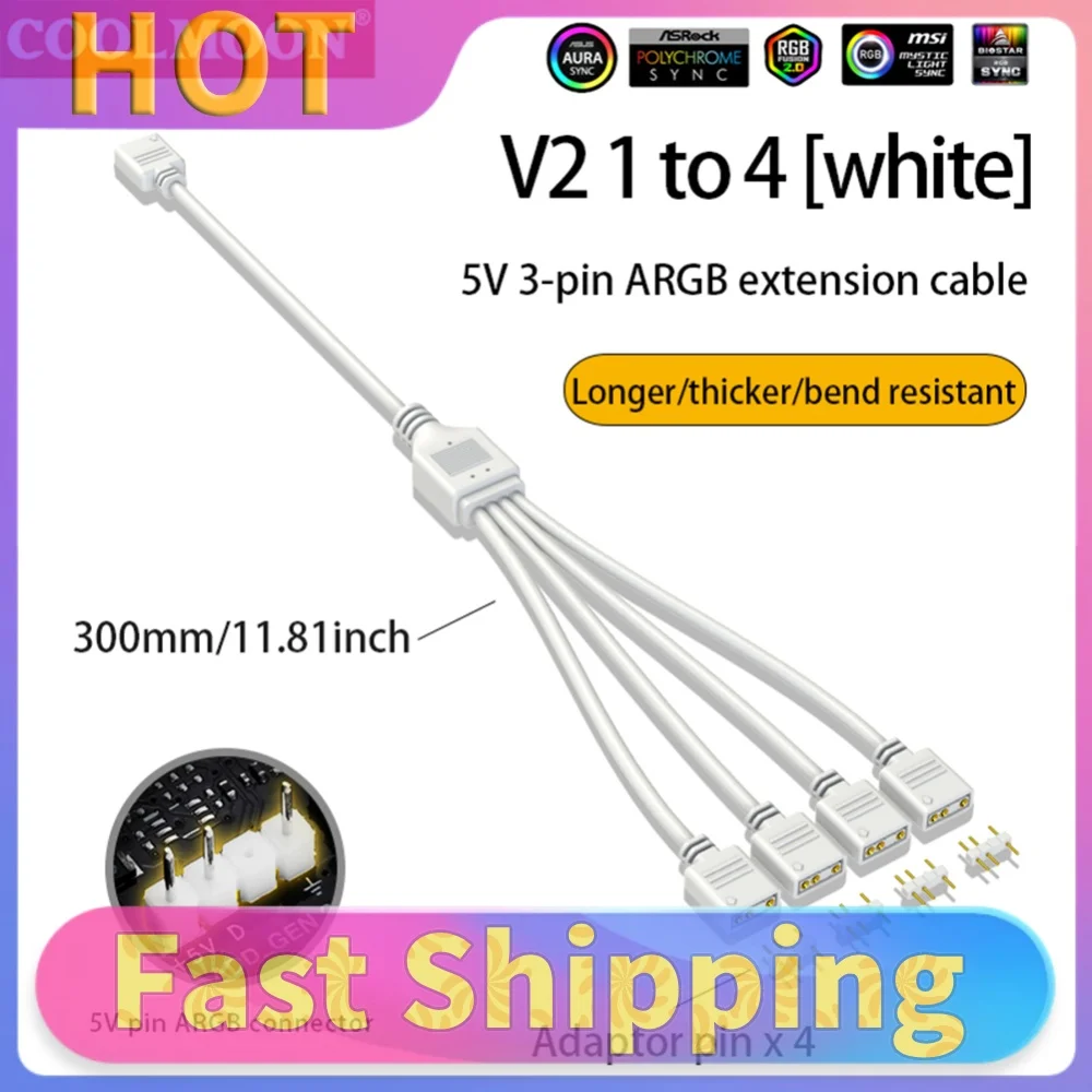ARGB Chassis Fan Splitter 5V 3PIN Connector 1 To 2/3/4 Motherboard Extension Cable Tensile Resistant for PC Light Strip Fans