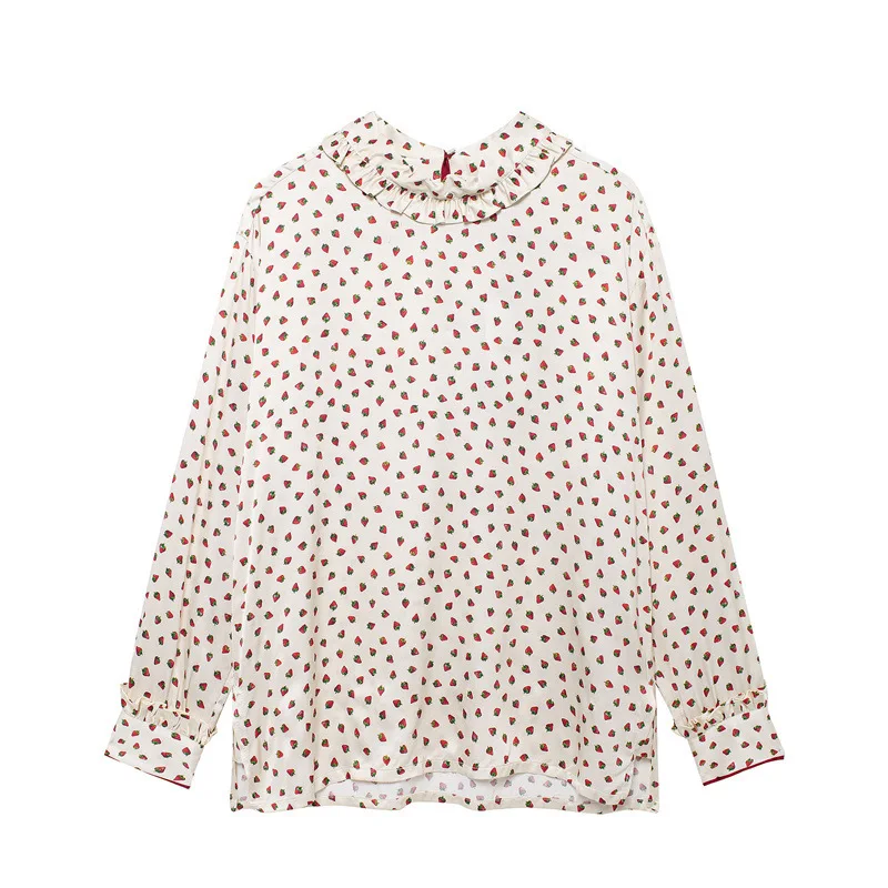 Summer New Temperament Semi-turtleneck Long-sleeved Strawberry Pattern Pullover Shirt Women