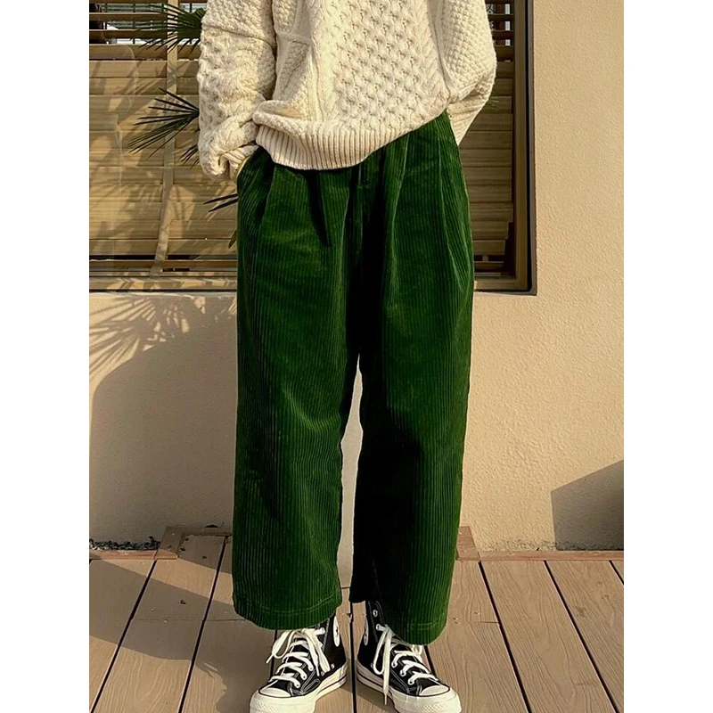 

PBAP Ретро карманы лоскутные вельветовые брюки женские однотонные плиссированные широкие брюки с высокой талией прямые длинные брюки повседневная корейская одежда