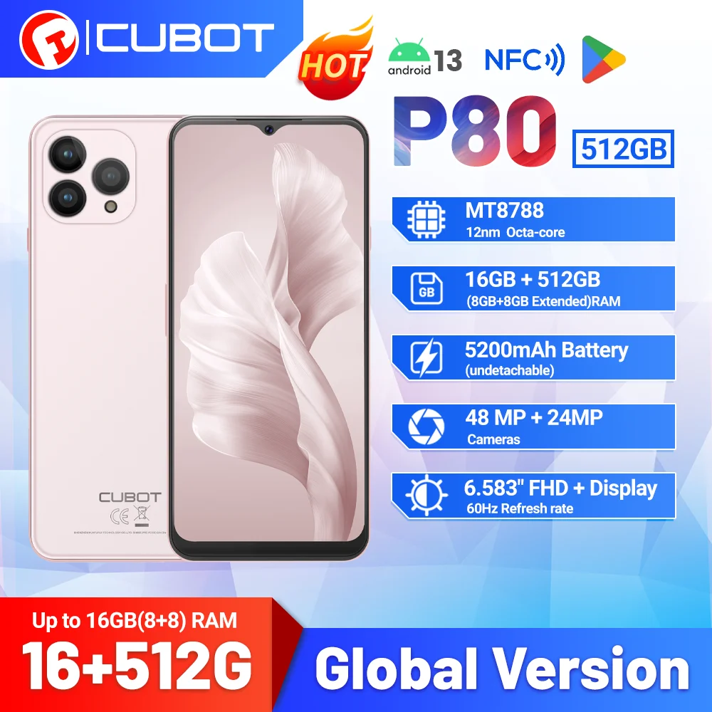 Cubot P80 Global Version 8GB+256GB Smartphone, 5200mAh, 48MP, Dual Sim ,6.58