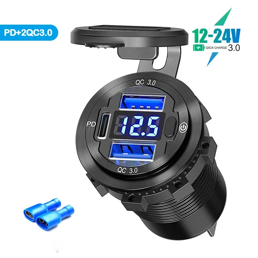 NEW Quick Charge 3.0 USB Charger Socket Power 12V/24V USB Car Outlet with LED Digital Voltmeter for Marine Boat Motorcycle Truck