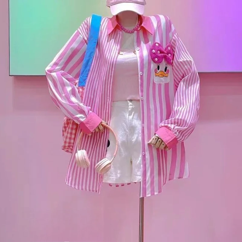 

Женская рубашка на весну-осень, новая, розовая, в полоску, больших размеров, для полных женщин (до 300 фунтов), свободного кроя, с длинным рукавом, универсальная, повседневная, нишевый дизайн.